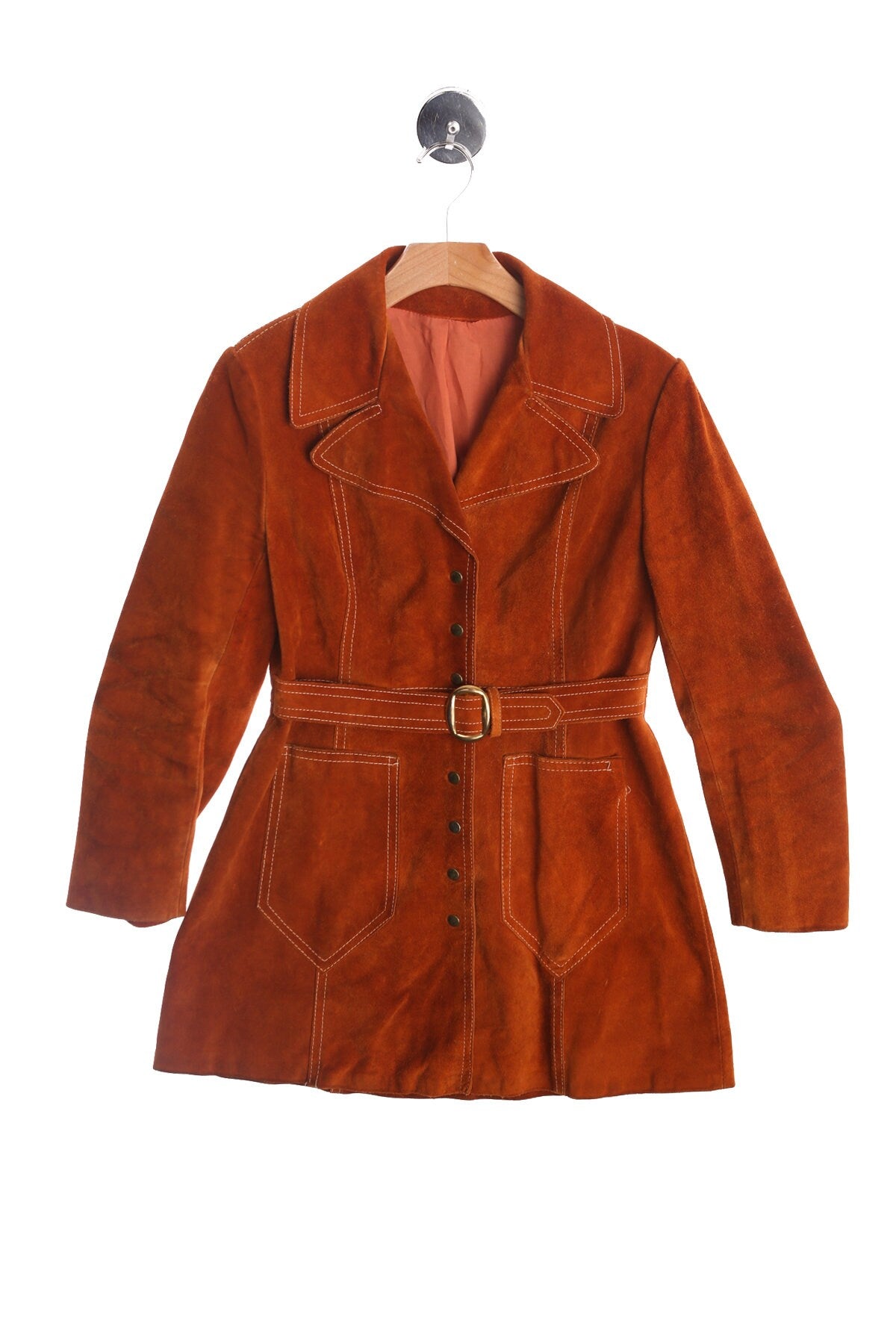 70's Women Suede Coat with Waist Belt Closure