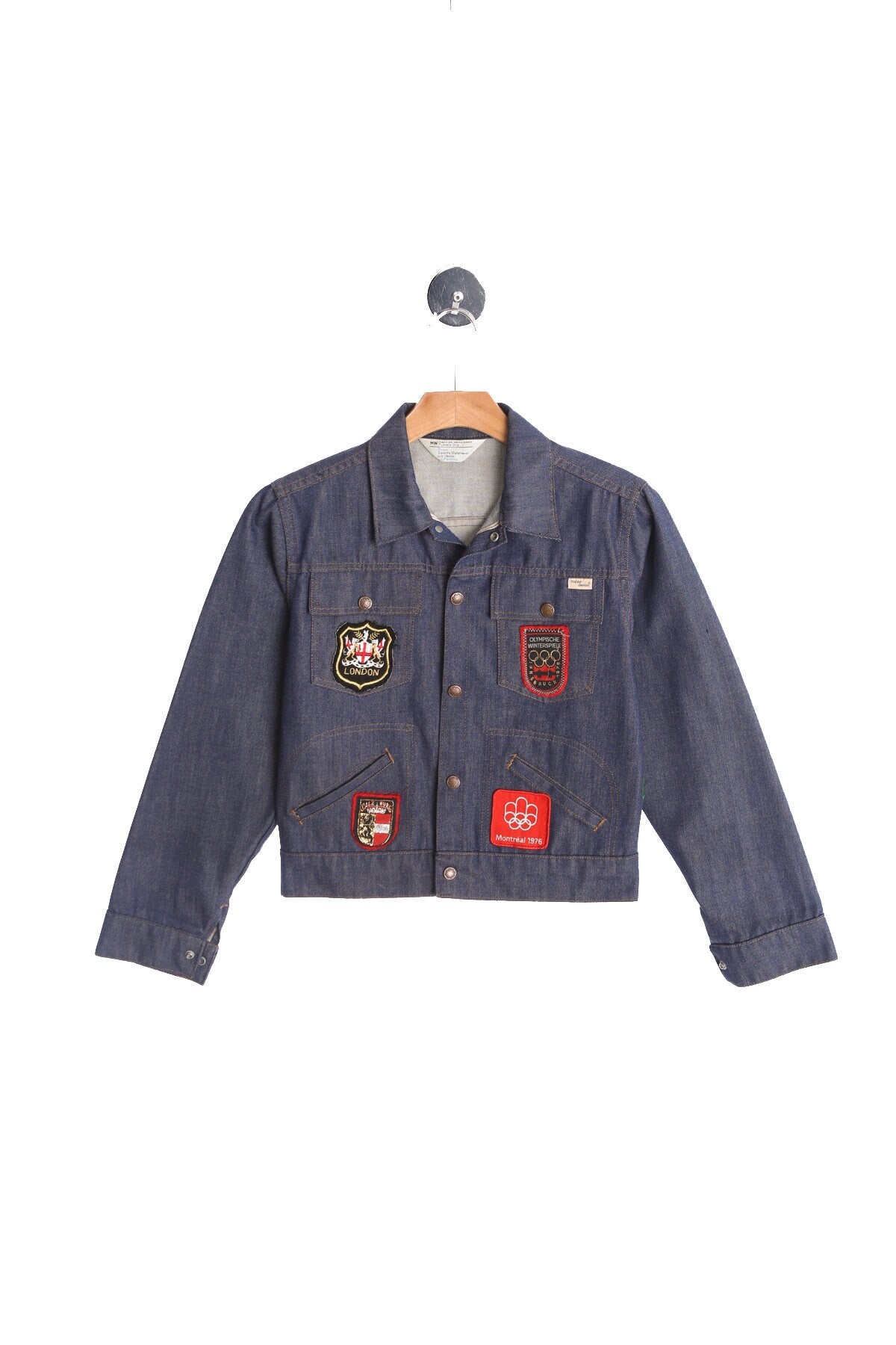 70's Men Denim Jacket with Olympic Ski Patches and Back Apollo Nasa Patch