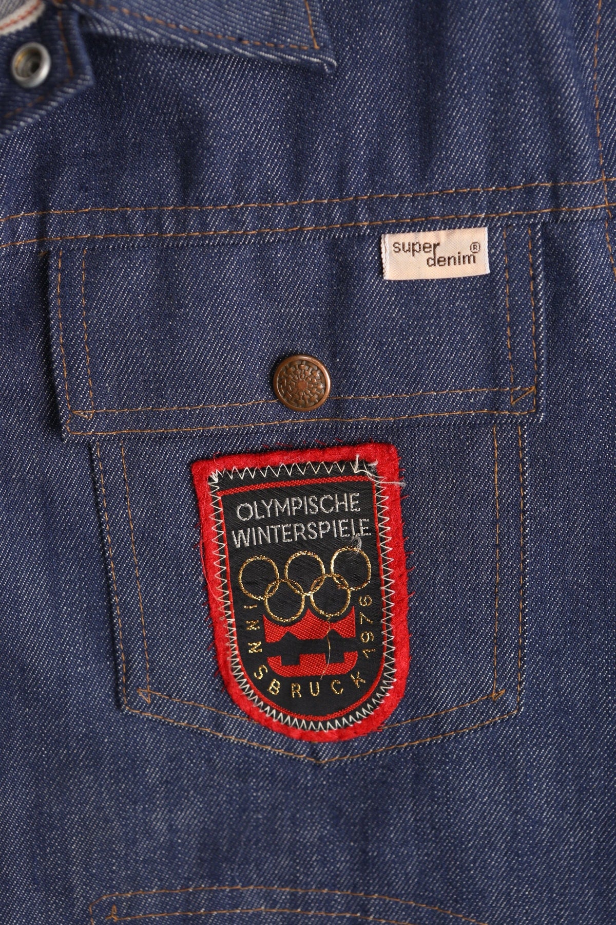 70's Men Denim Jacket with Olympic Ski Patches and Back Apollo Nasa Patch