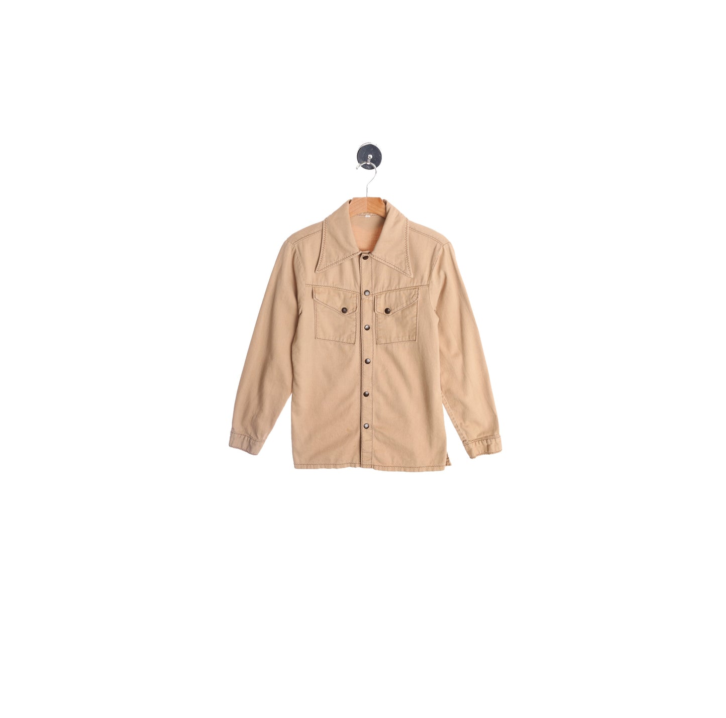 70's Men Beige Cotton Shirt Stitched Details with Butterfly Neck