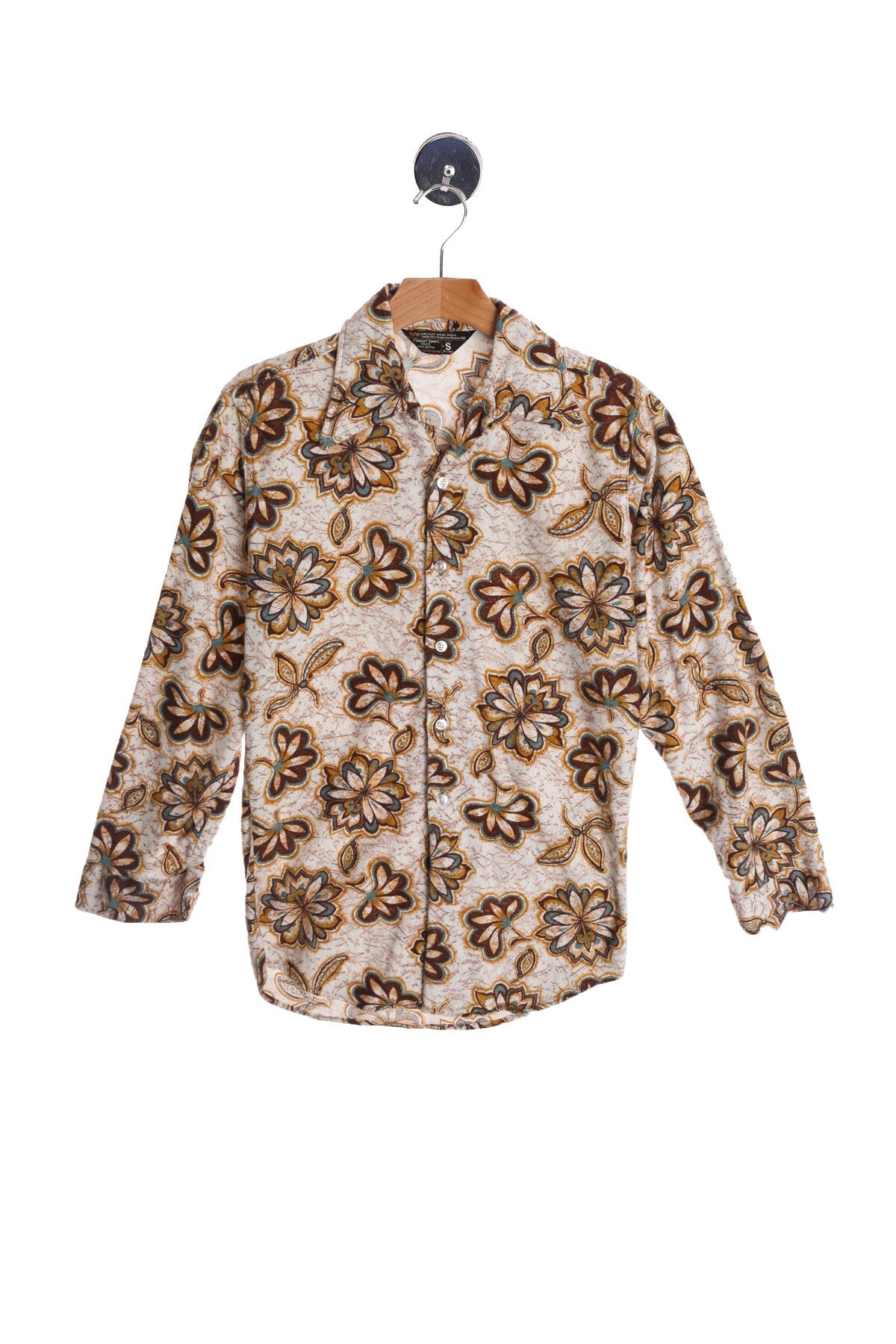 70's Men Floral Print Casual Shirt - No Pockets - Butterfly Neck