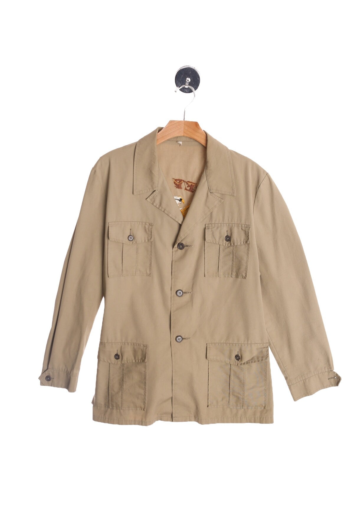 70's Men Beige Safari Cotton Long Sleeve Shirt with Jeep Cj-7 Golden Eagle Back Embroidery
