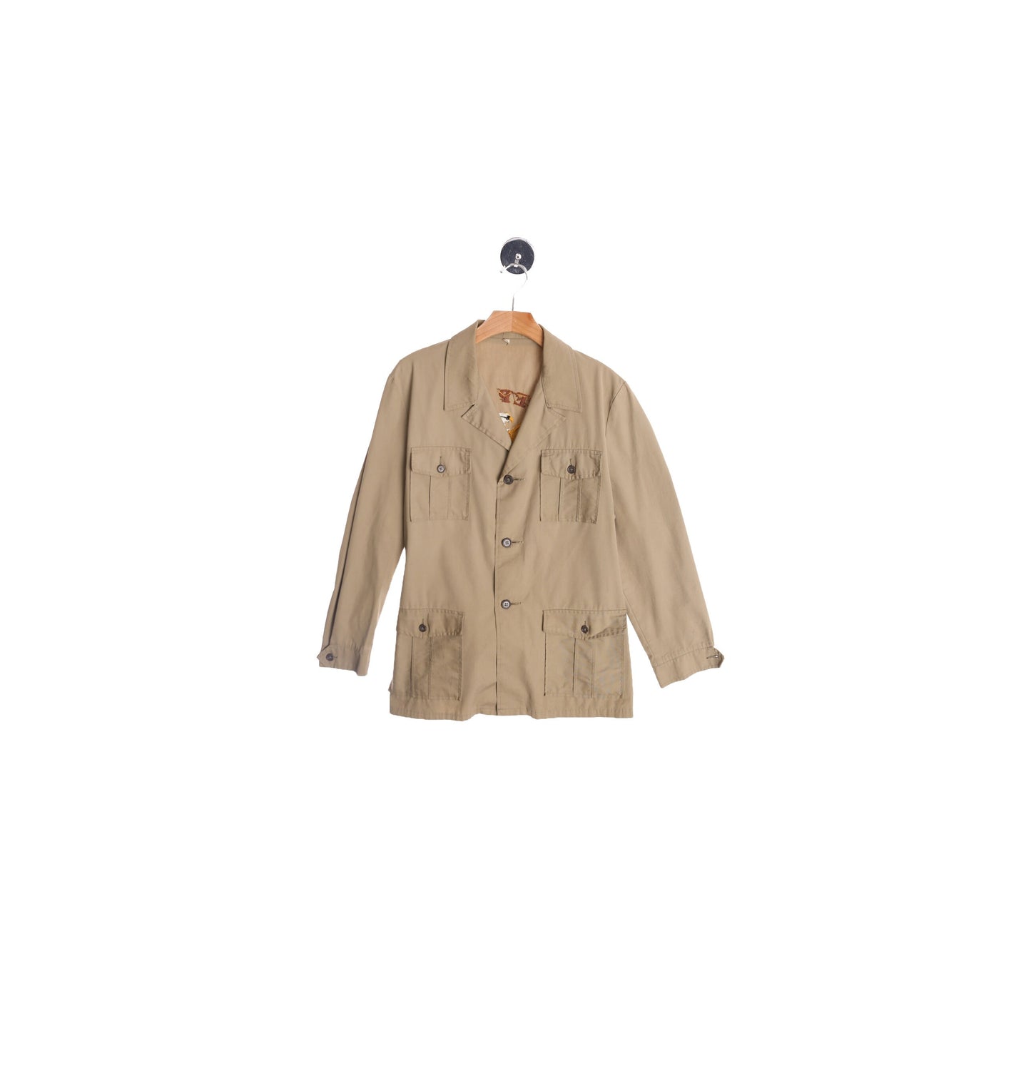 70's Men Beige Safari Cotton Long Sleeve Shirt with Jeep Cj-7 Golden Eagle Back Embroidery