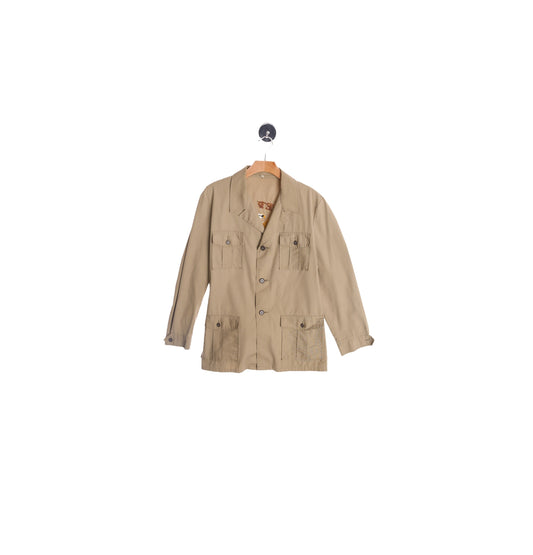 70's Men Beige Safari Cotton Long Sleeve Shirt with Jeep Cj-7 Golden Eagle Back Embroidery