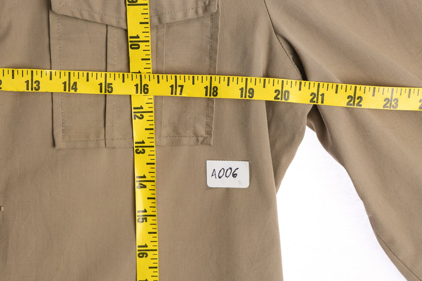 70's Men Beige Safari Cotton Long Sleeve Shirt with Jeep Cj-7 Golden Eagle Back Embroidery