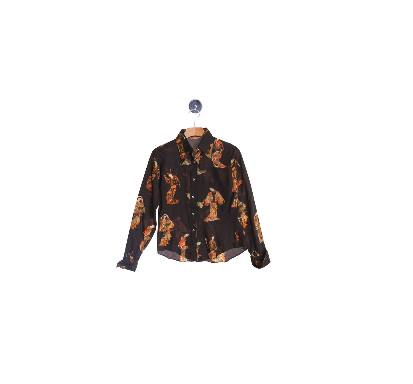 Women Black Geisha Print Button Up Blouse