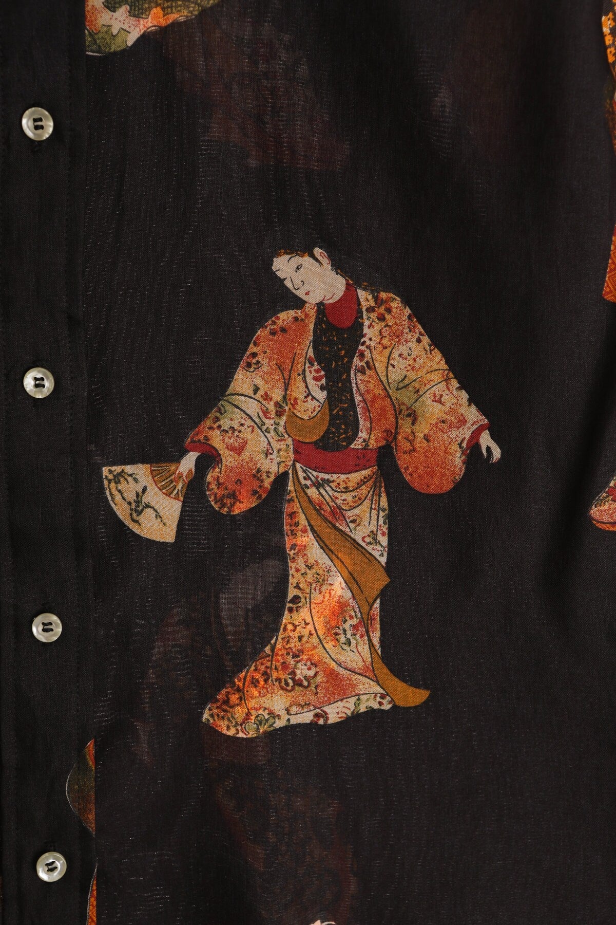 Women Black Geisha Print Button Up Blouse