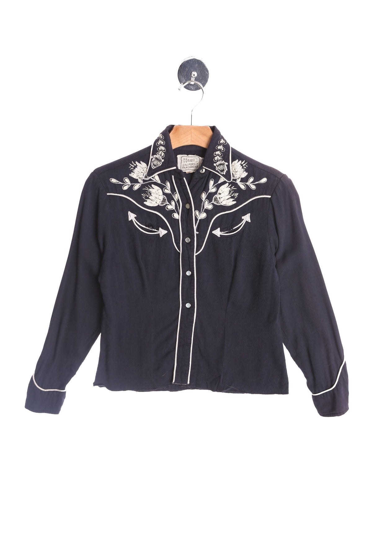 Vintage Women Black Western Blouse with Embroidered Flowers Details by H Bar C California Ranchwear