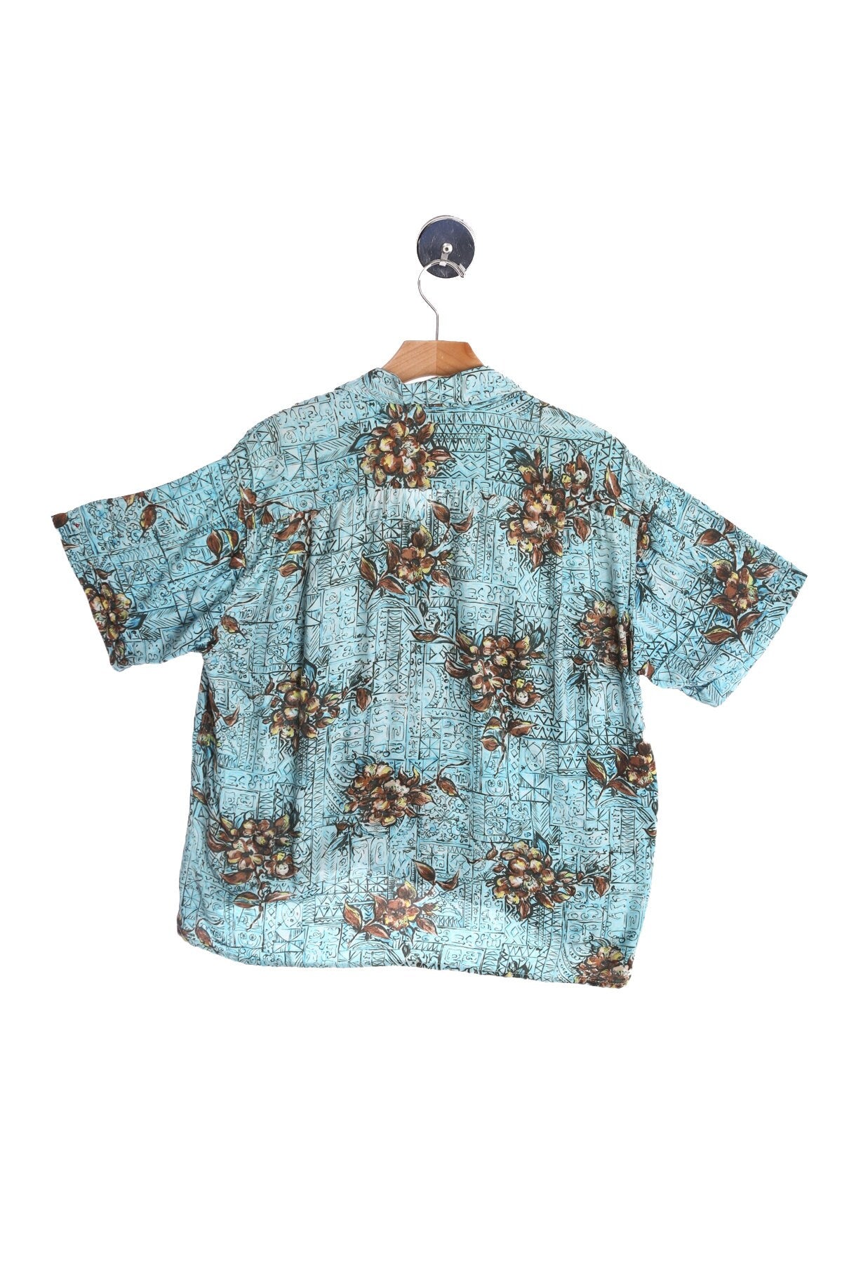 Vintage Men Blue Hawaiian Shirt - Brown Floral Print - by Penny's - Made in Japan