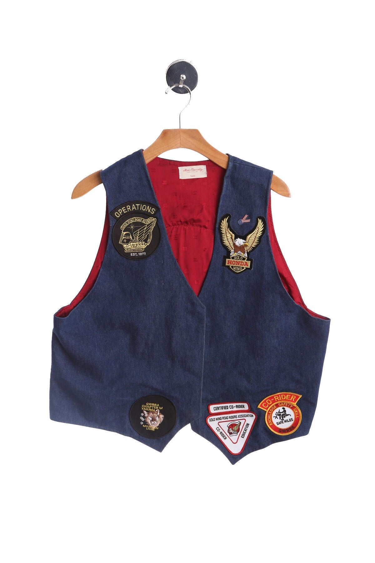 Men Blue Denim Biker Vest with Yakima Gold Wing Road Riders Patch