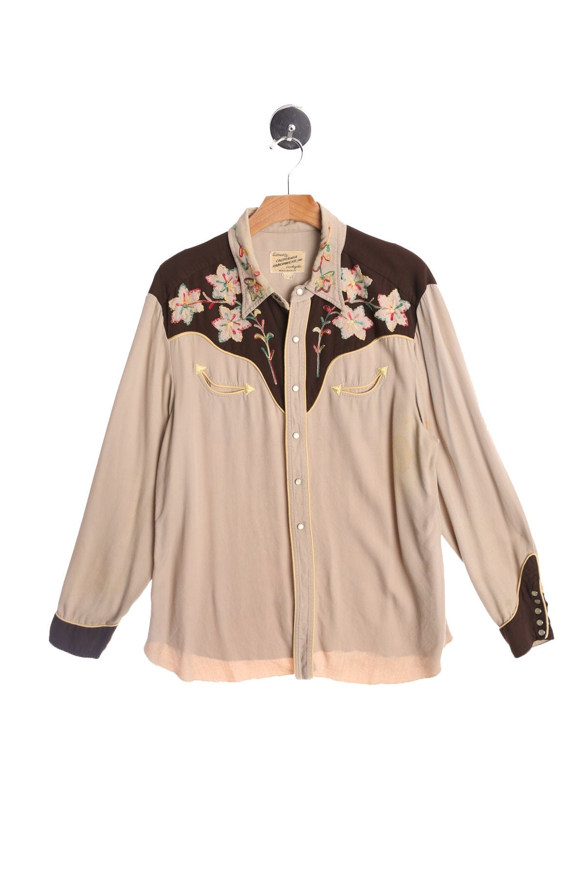 Vintage Men Western Shirt with Floral Embroidered Details - by California Ranchwear Los Angeles - Era 50's - 60's