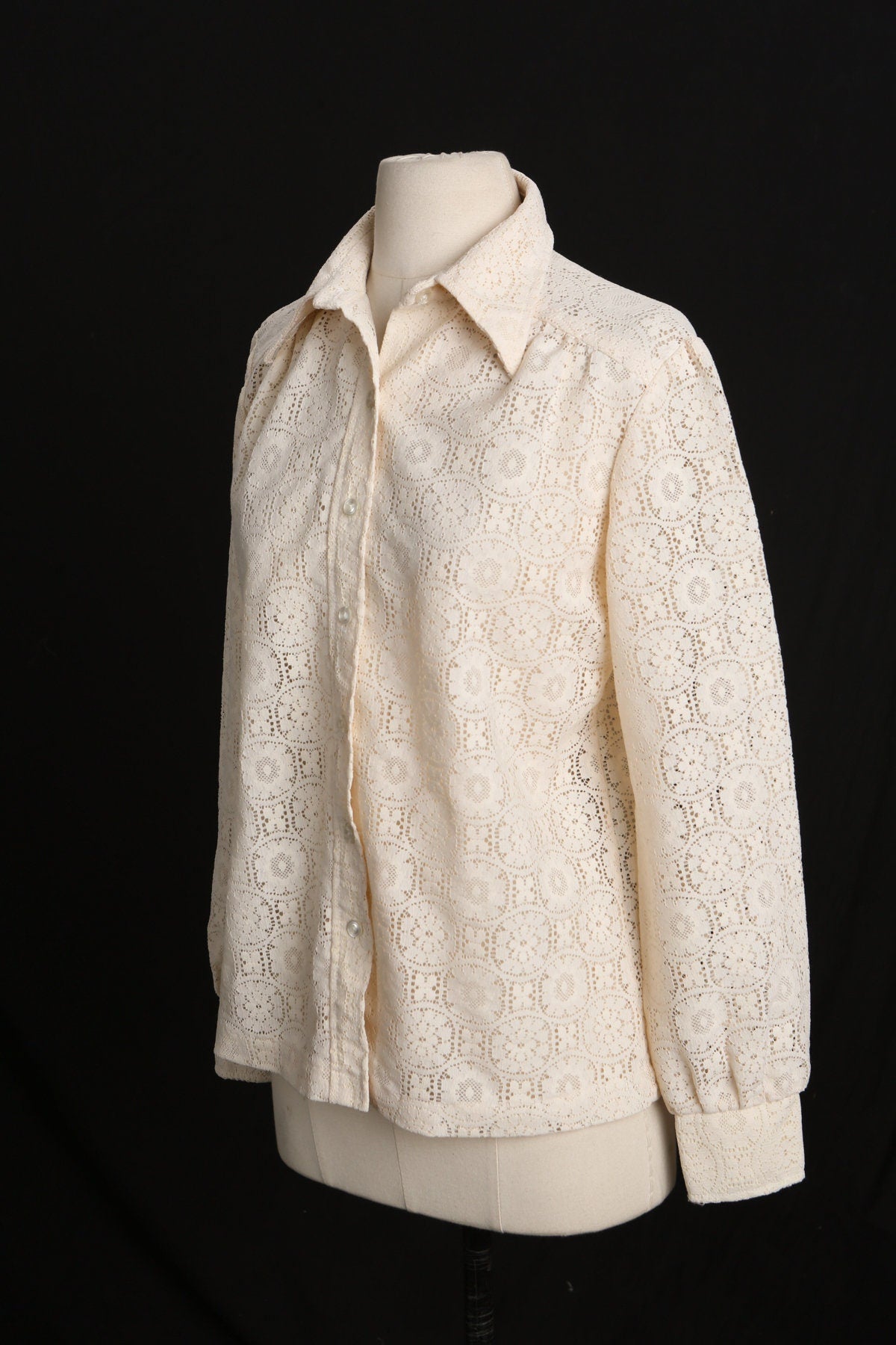 70s Women White Floral Design Polyester Top