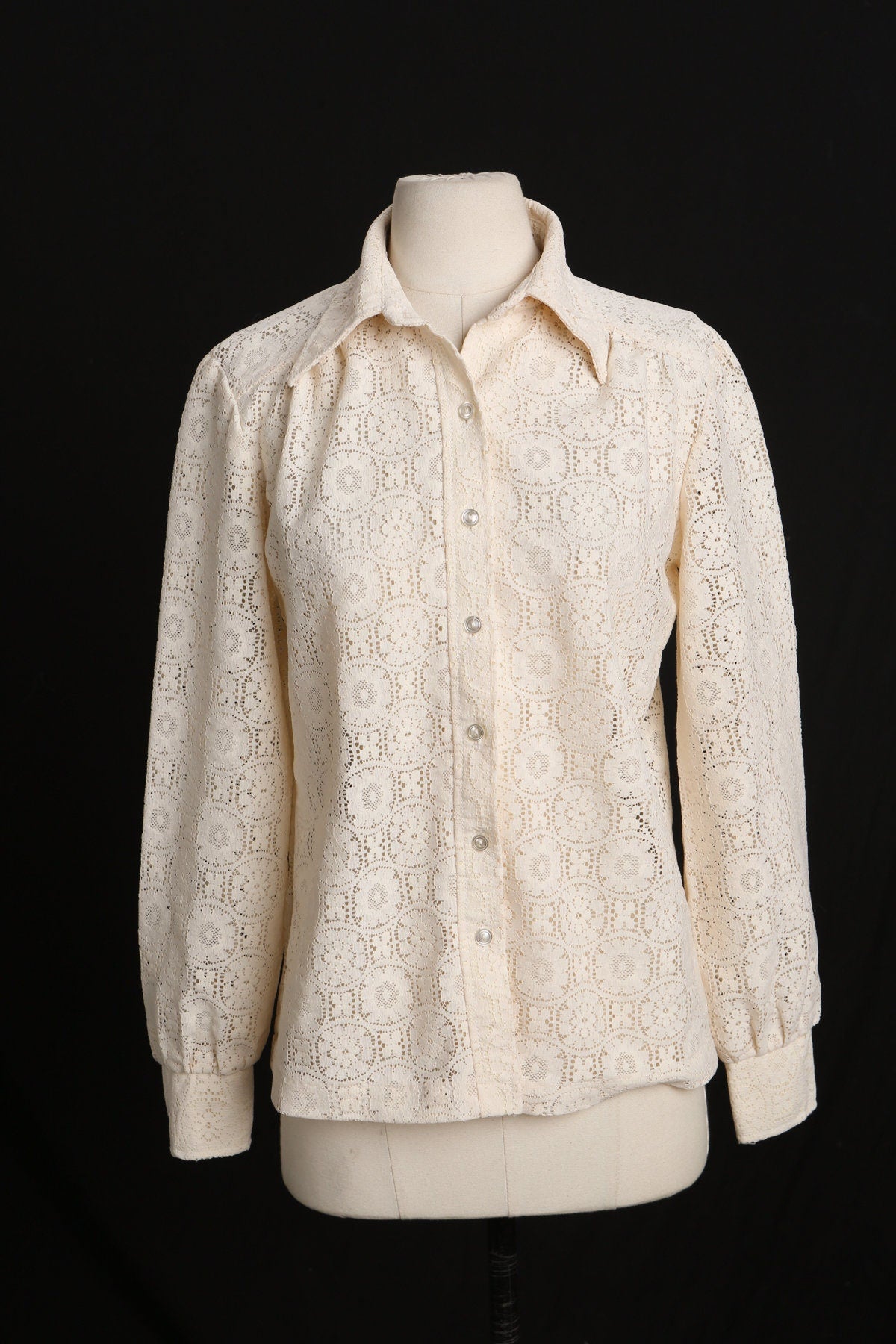 70s Women White Floral Design Polyester Top