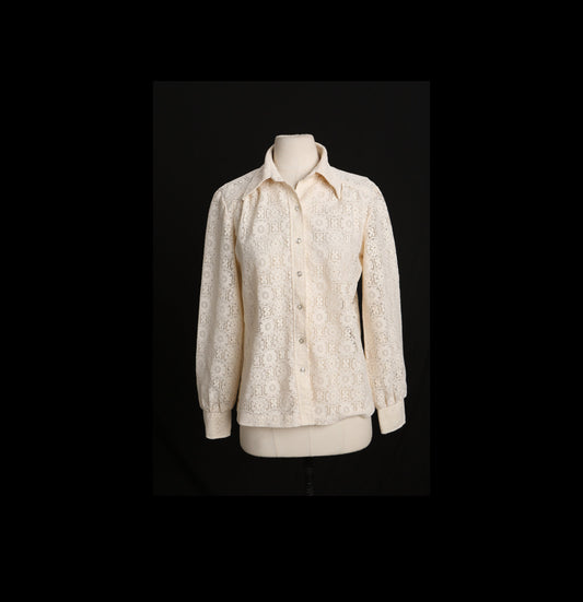 70s Women White Floral Design Polyester Top