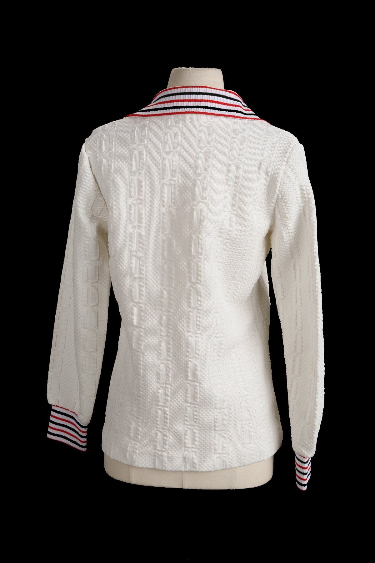 70's Women White Collared Striped Seam Button Up Long Sleeve Mod Top