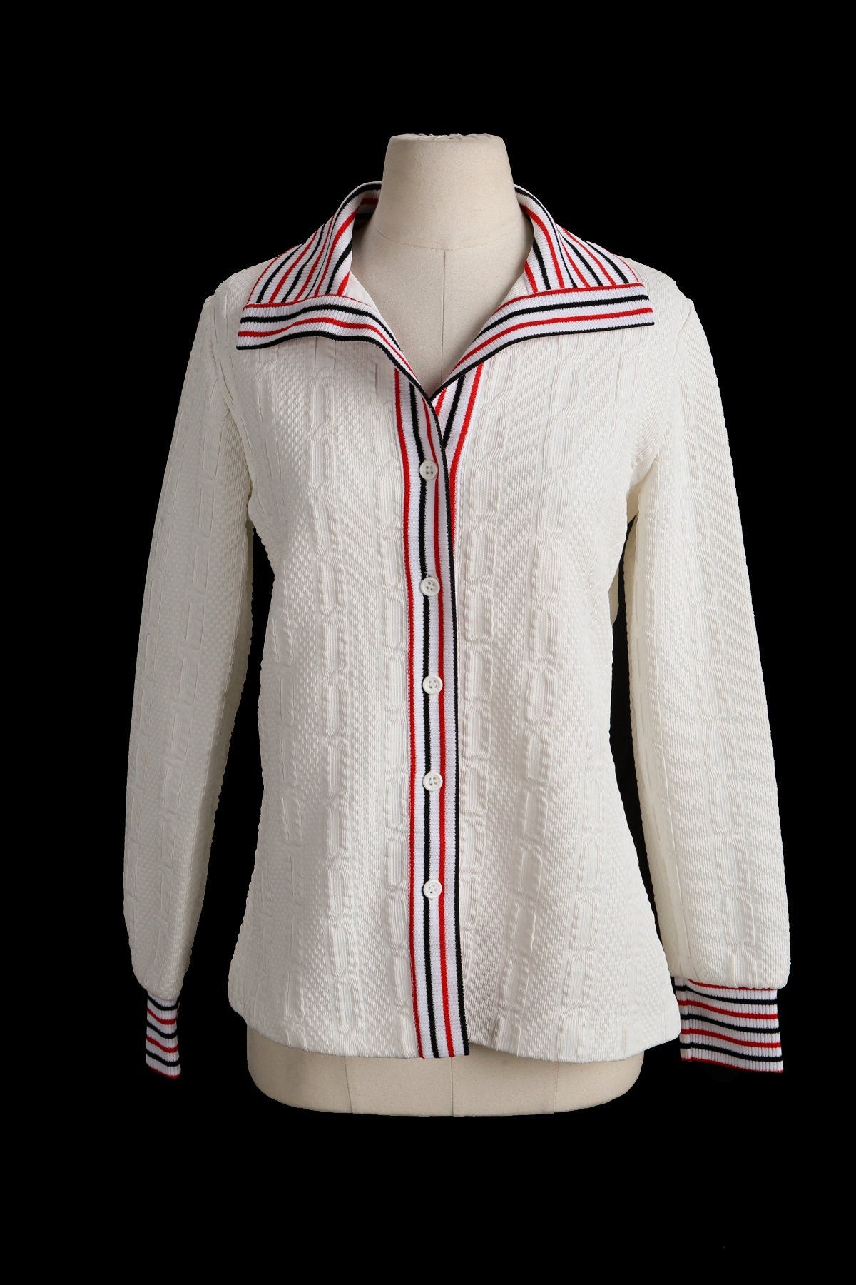 70's Women White Collared Striped Seam Button Up Long Sleeve Mod Top