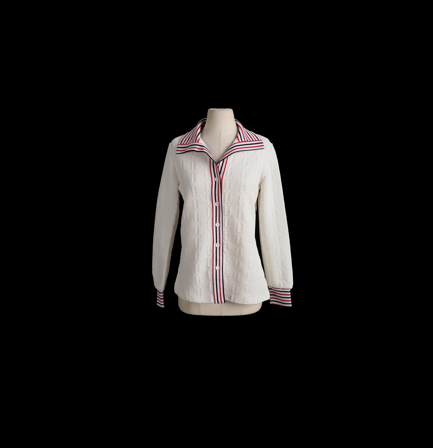 70's Women White Collared Striped Seam Button Up Long Sleeve Mod Top