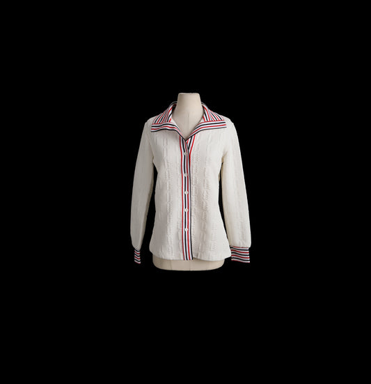 70's Women White Collared Striped Seam Button Up Long Sleeve Mod Top
