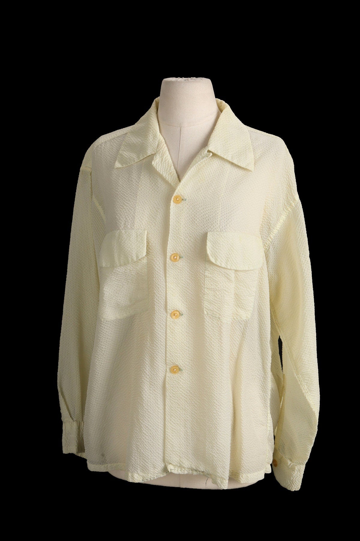 Men Yellow Shirt Long Sleeve Sheer Button Up - Era 1940s - 1950s