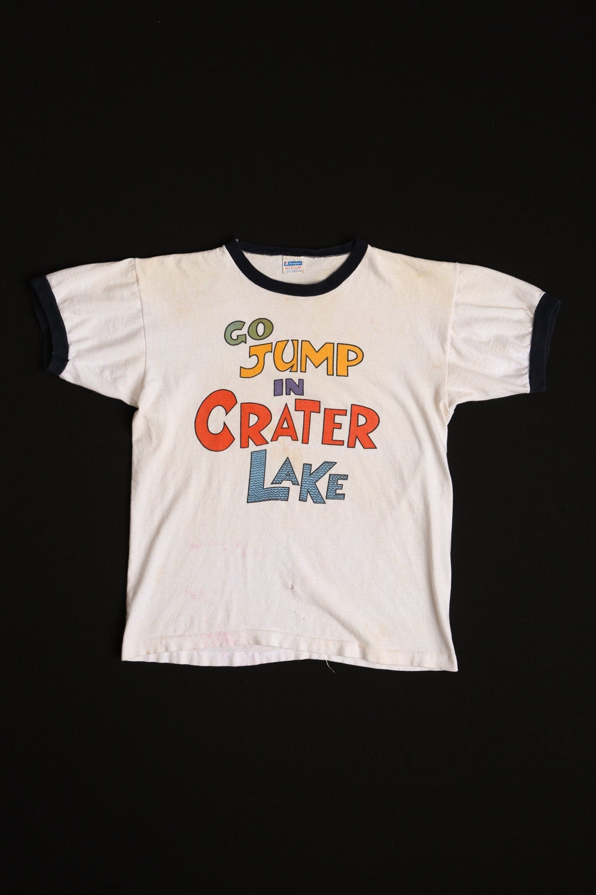 Vintage White Champion T-shirt with Go Jump in Crater Lake Print