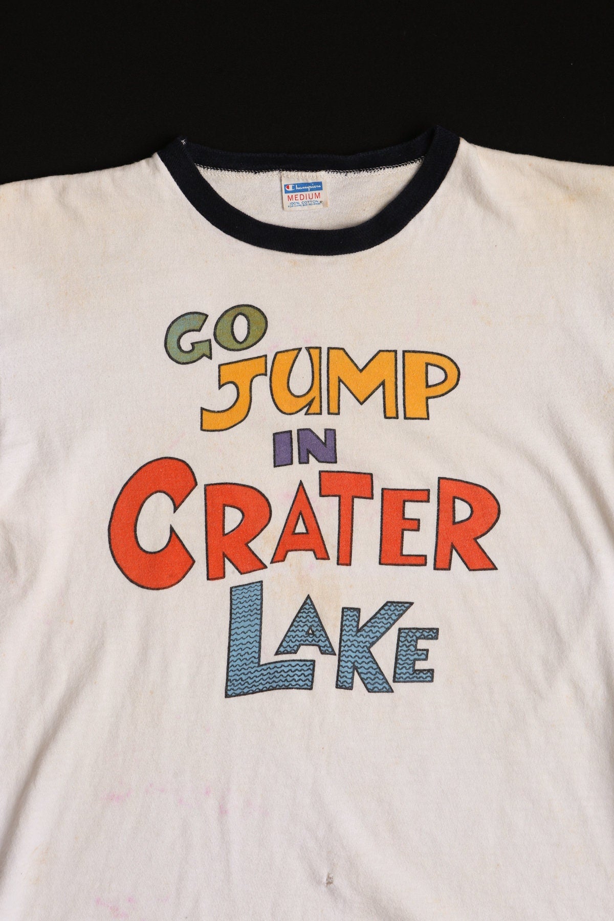 Vintage White Champion T-shirt with Go Jump in Crater Lake Print