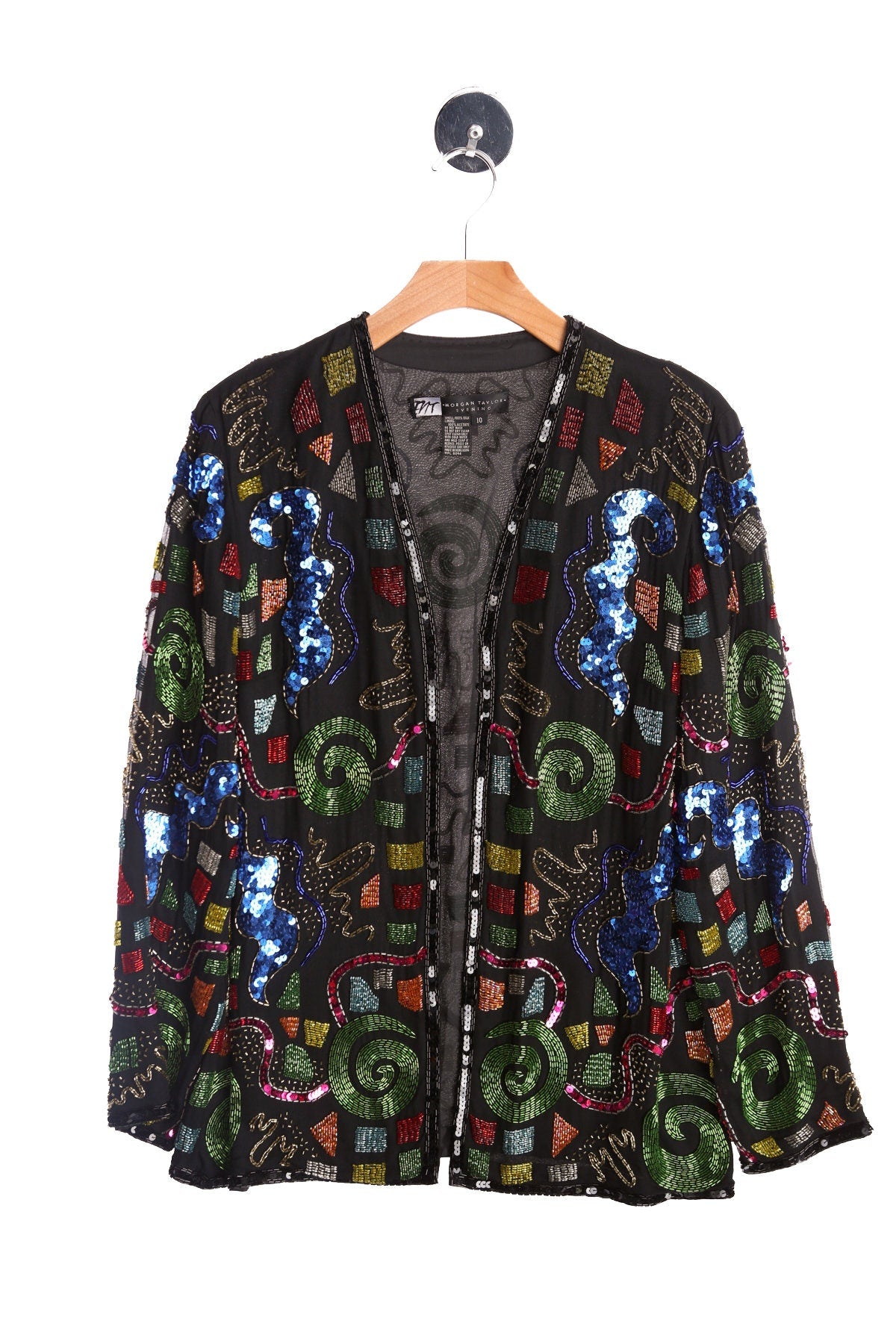 Black Sequin Geometric Shapes Women Silk Top - Era 90's - Y2K by Morgan Taylor