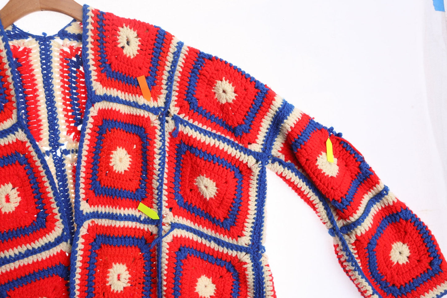 Patchwork Hand Knit Red Blue and White Acrylic Crochet Jacket