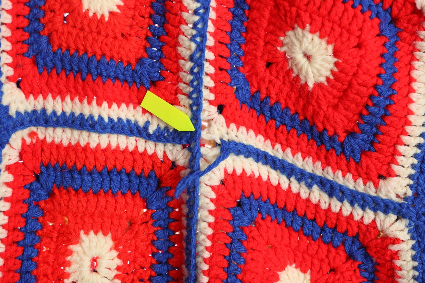 Patchwork Hand Knit Red Blue and White Acrylic Crochet Jacket