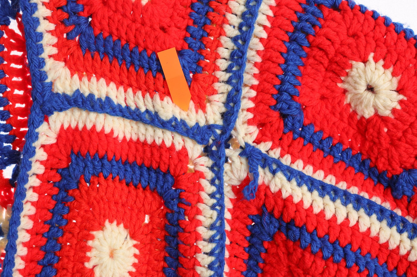 Patchwork Hand Knit Red Blue and White Acrylic Crochet Jacket