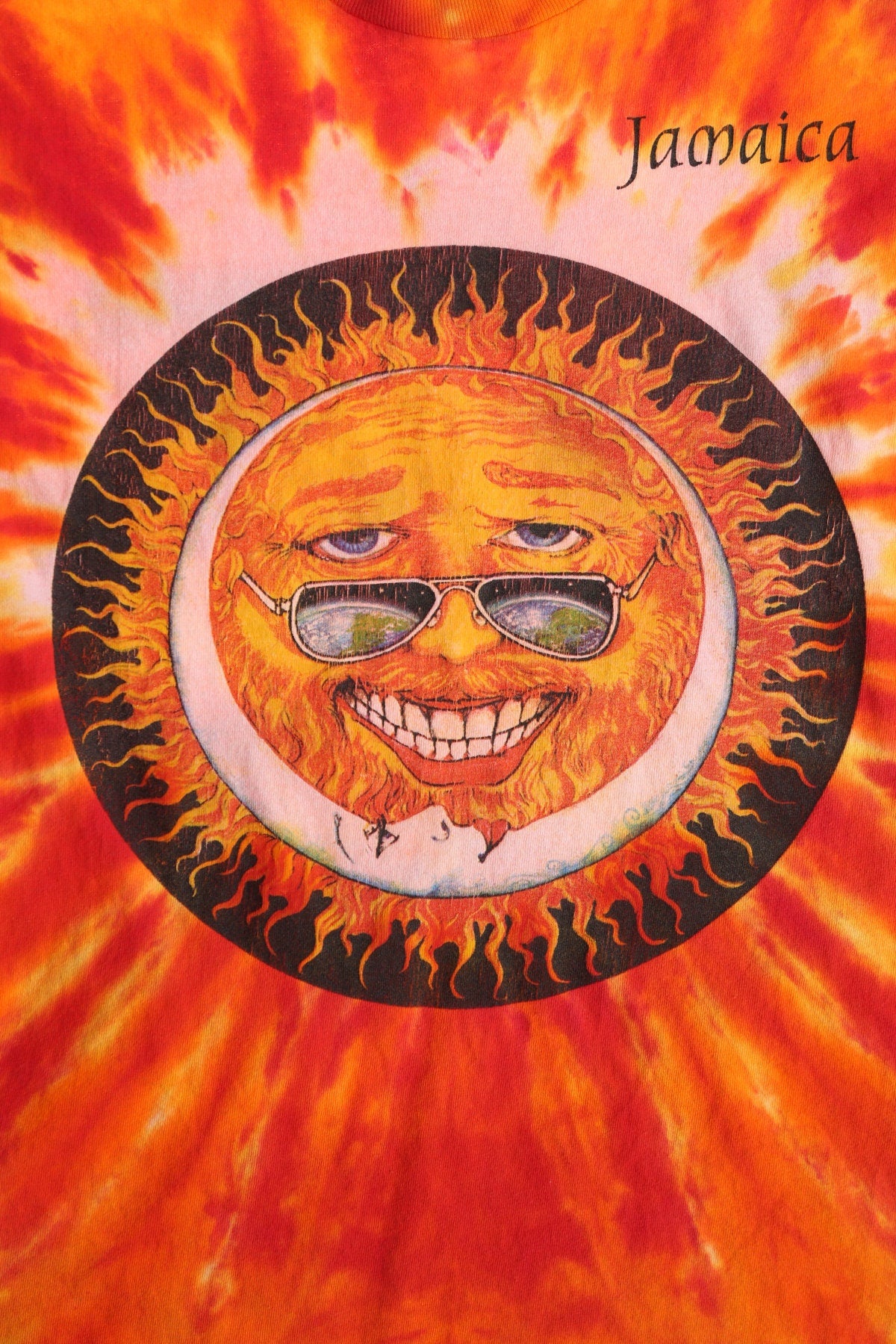 Jamaica Sun and Moon Face Red and Yellow Tie Dye Graphic T-shirt