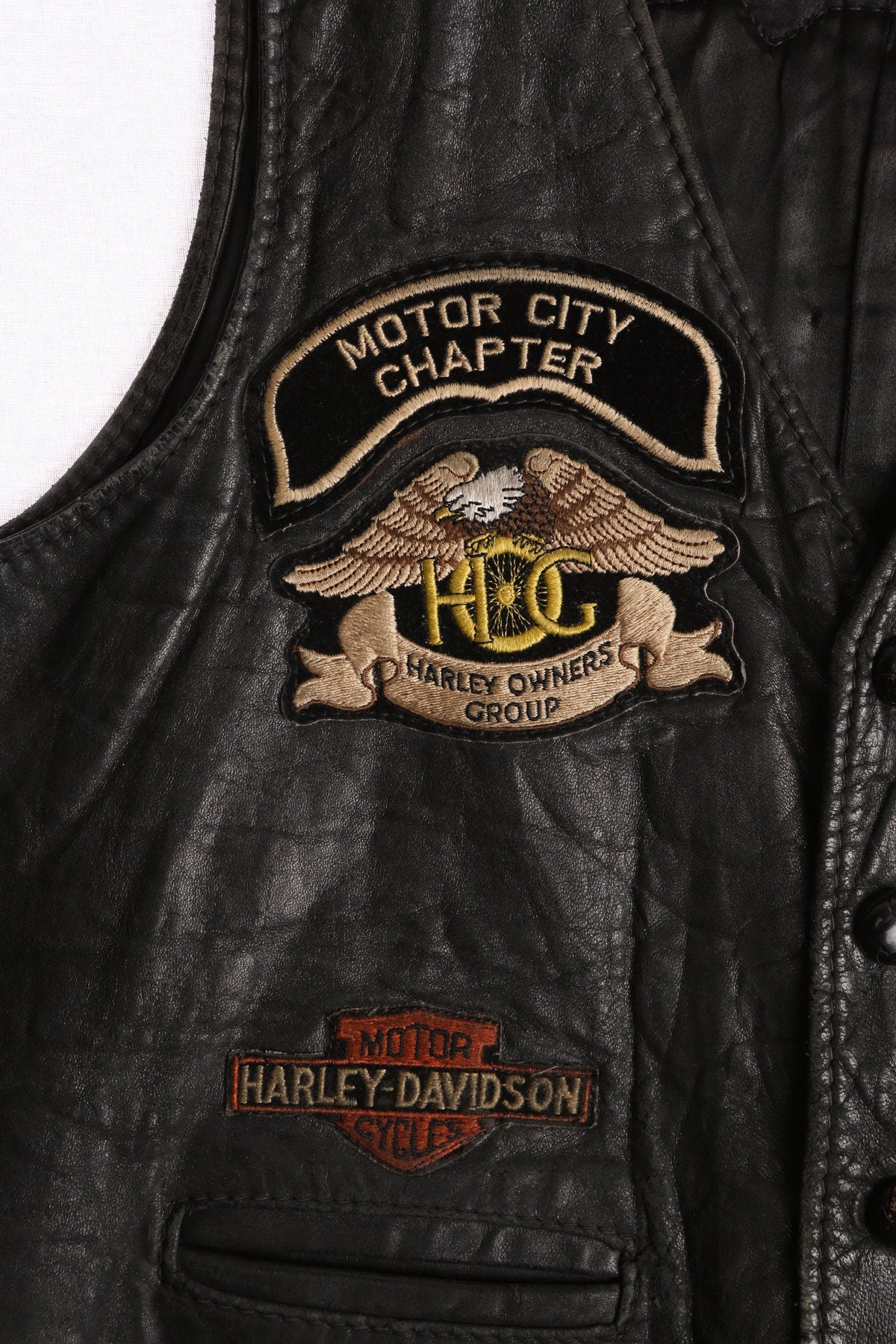 Vintage Biker Leather Vest with Motorcycle Patches - Era 70s - 80s