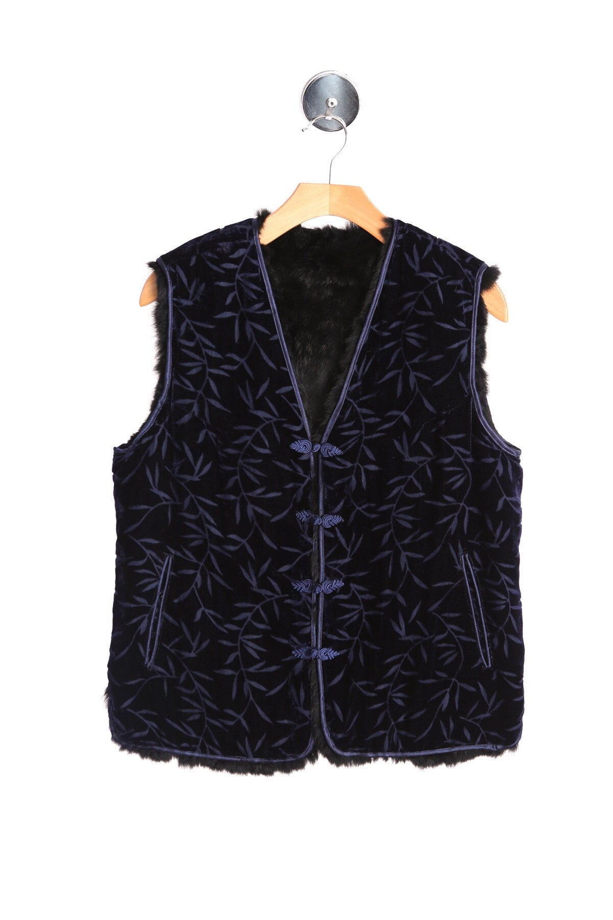 Woman Black fur Vest with Purple Velvet Leaves Desing Print
