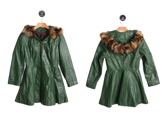 Woman Green Leather Winter Coat with Fur Collar Hood - Era 60s - 70s