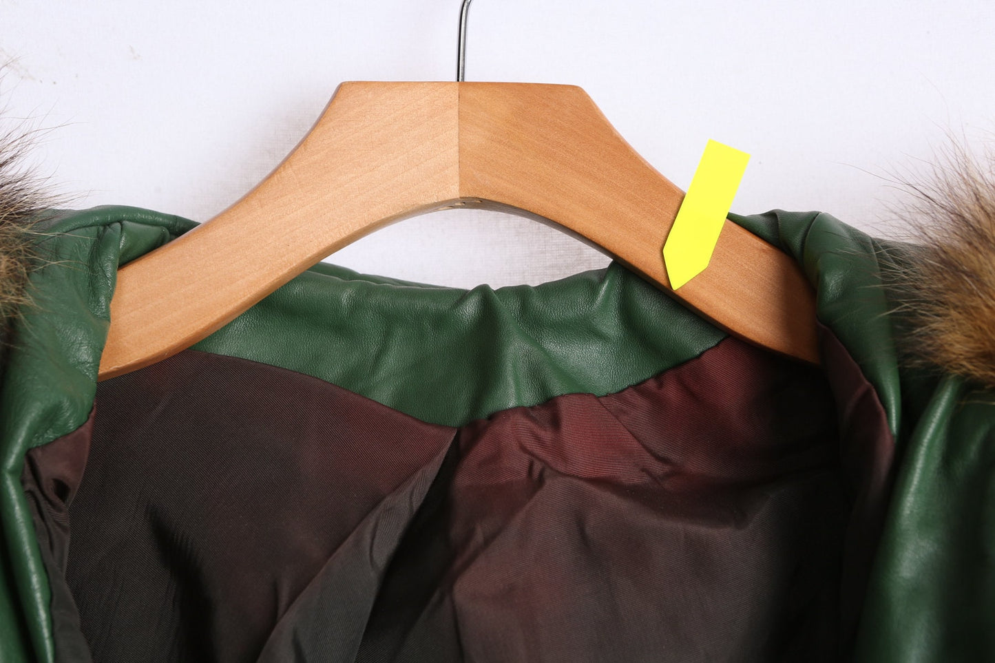 Woman Green Leather Winter Coat with Fur Collar Hood - Era 60s - 70s