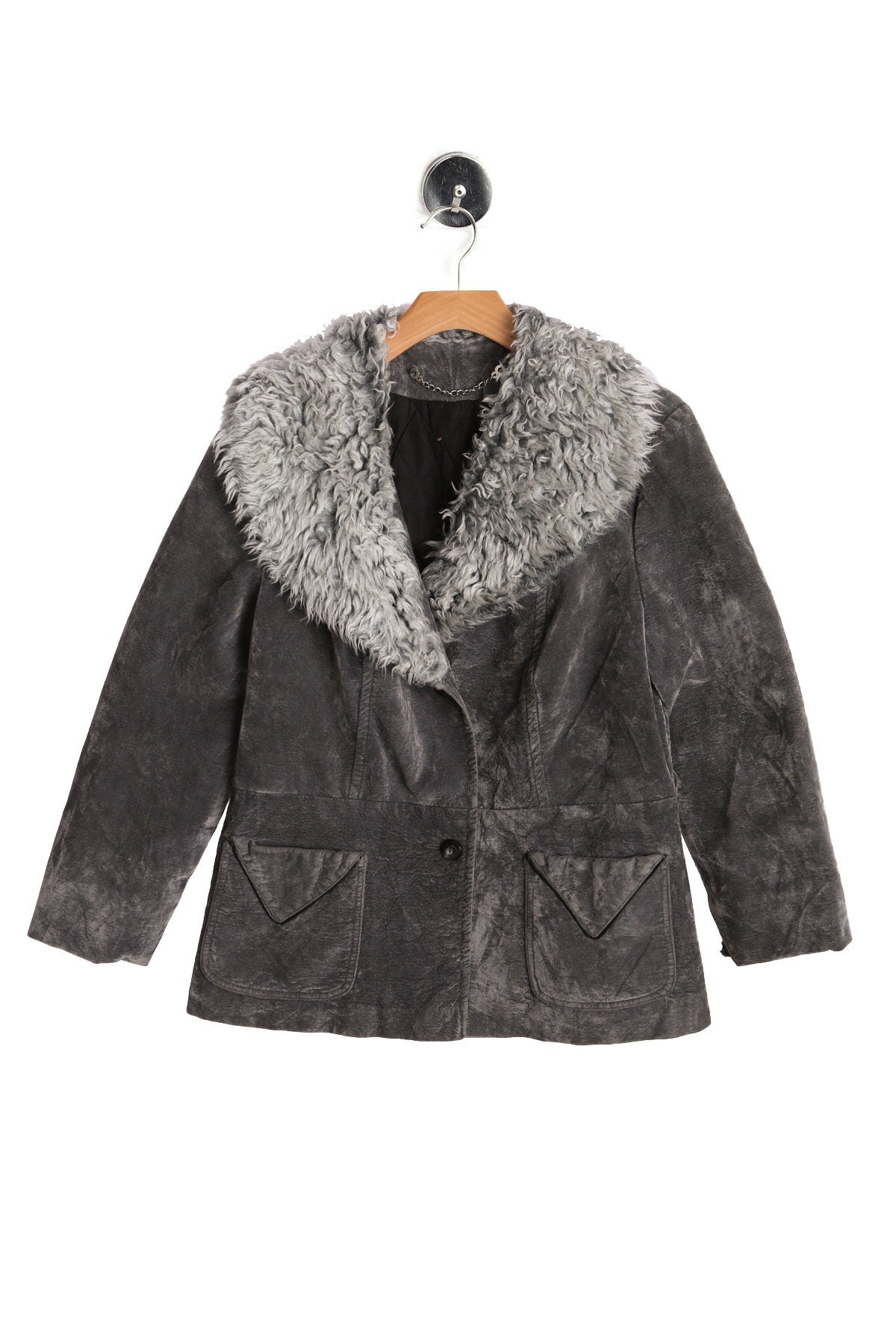 Women Gray Faux Fur Collar Velvet Blazer