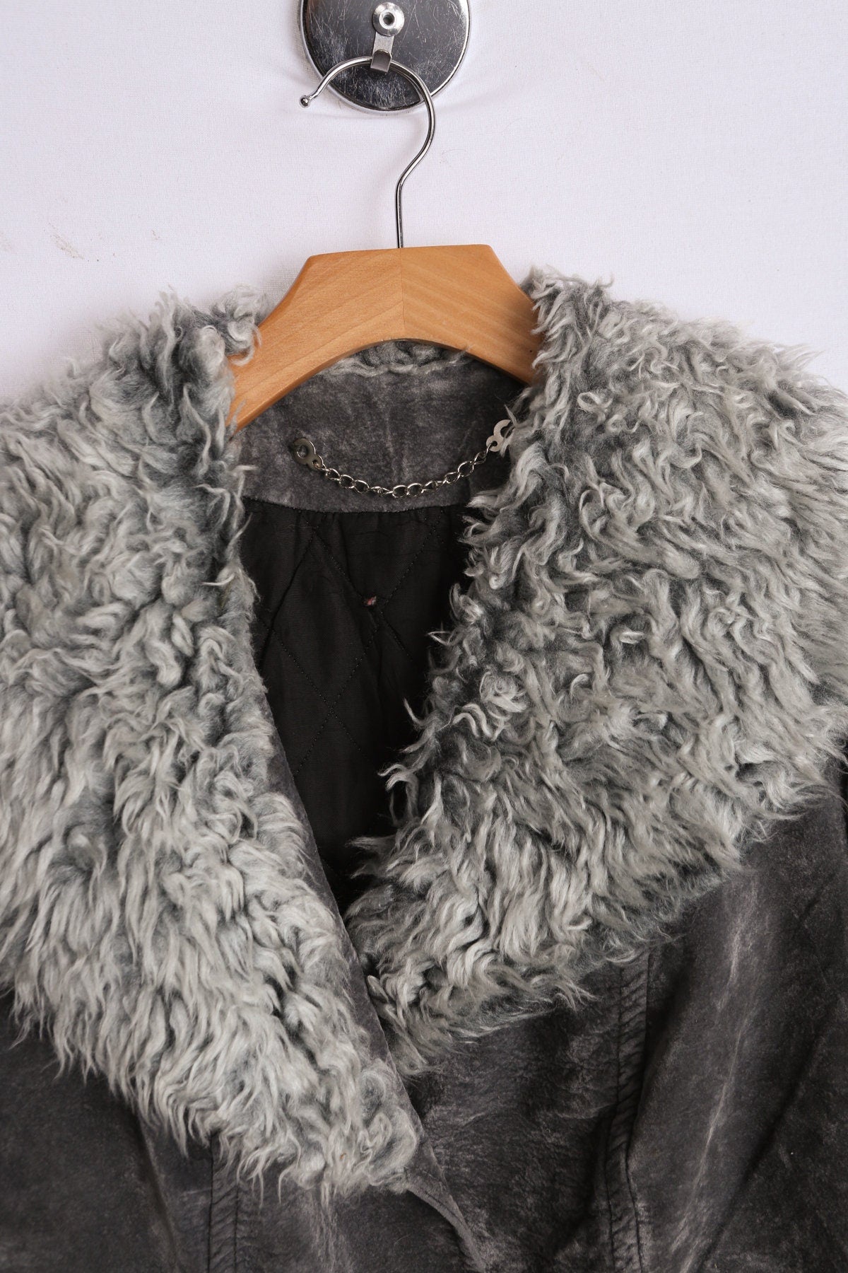 Women Gray Faux Fur Collar Velvet Blazer