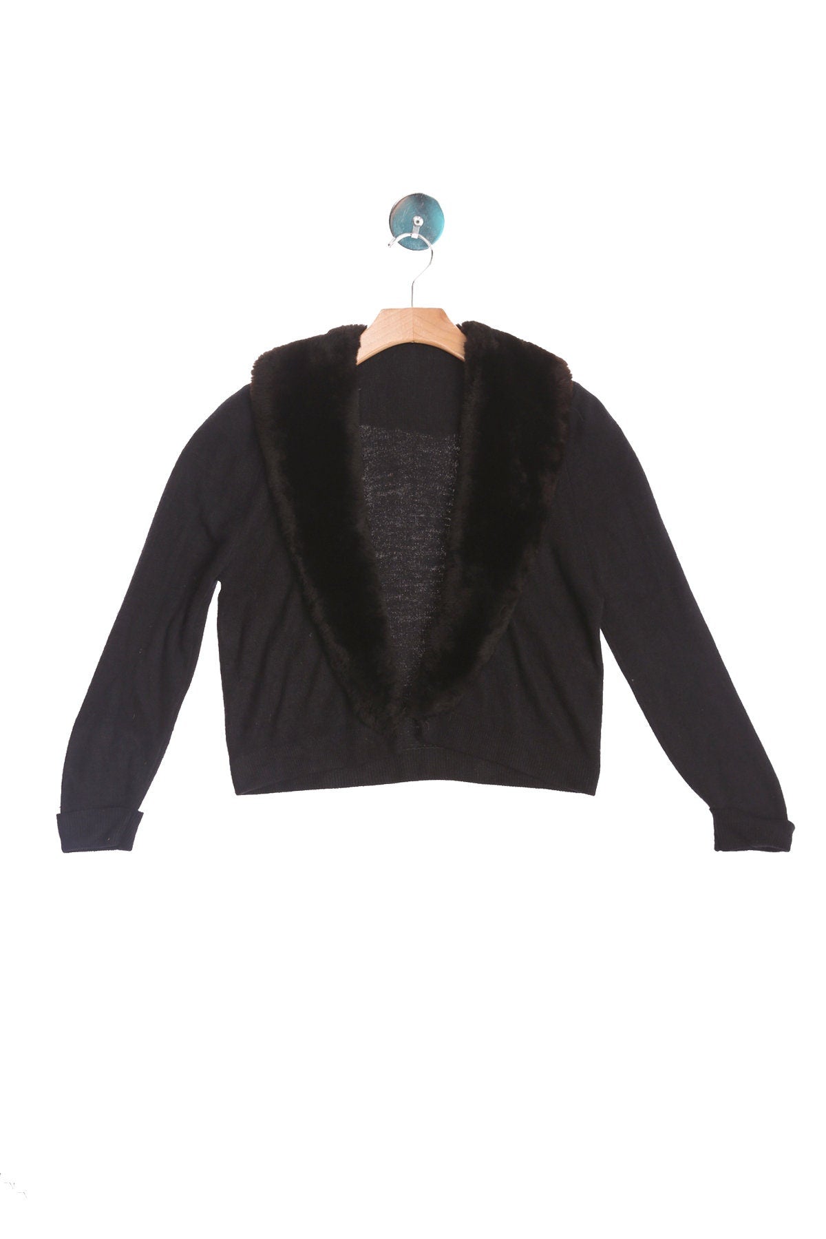 Vintage Black Women Cardigan Sweater with Faux Fur Collar