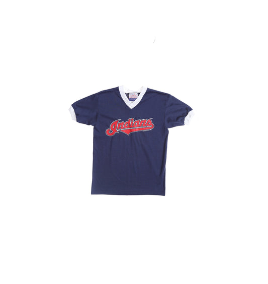 Vintage Blue Baseball V Neck T-shirt with Indians Red Print