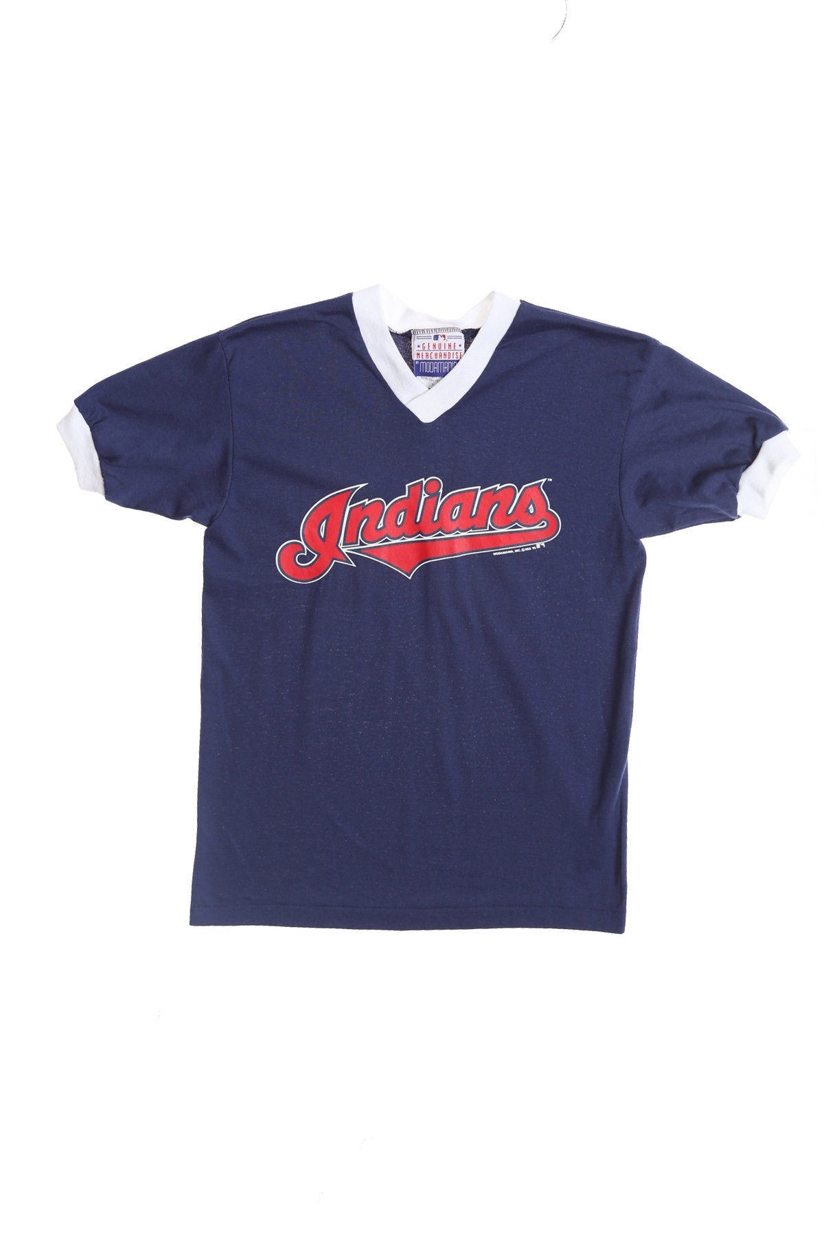 Vintage Blue Baseball V Neck T-shirt with Indians Red Print