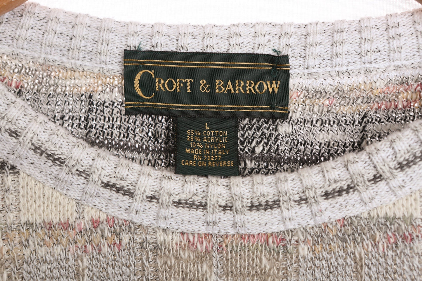 Men 90's Crew Neck Sweater - White and Beige Plaid Details