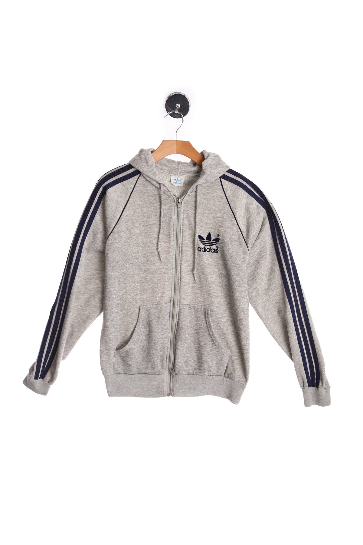Vintage Adidas Gray Zipper Hoodie with Blue Striped Sleeves
