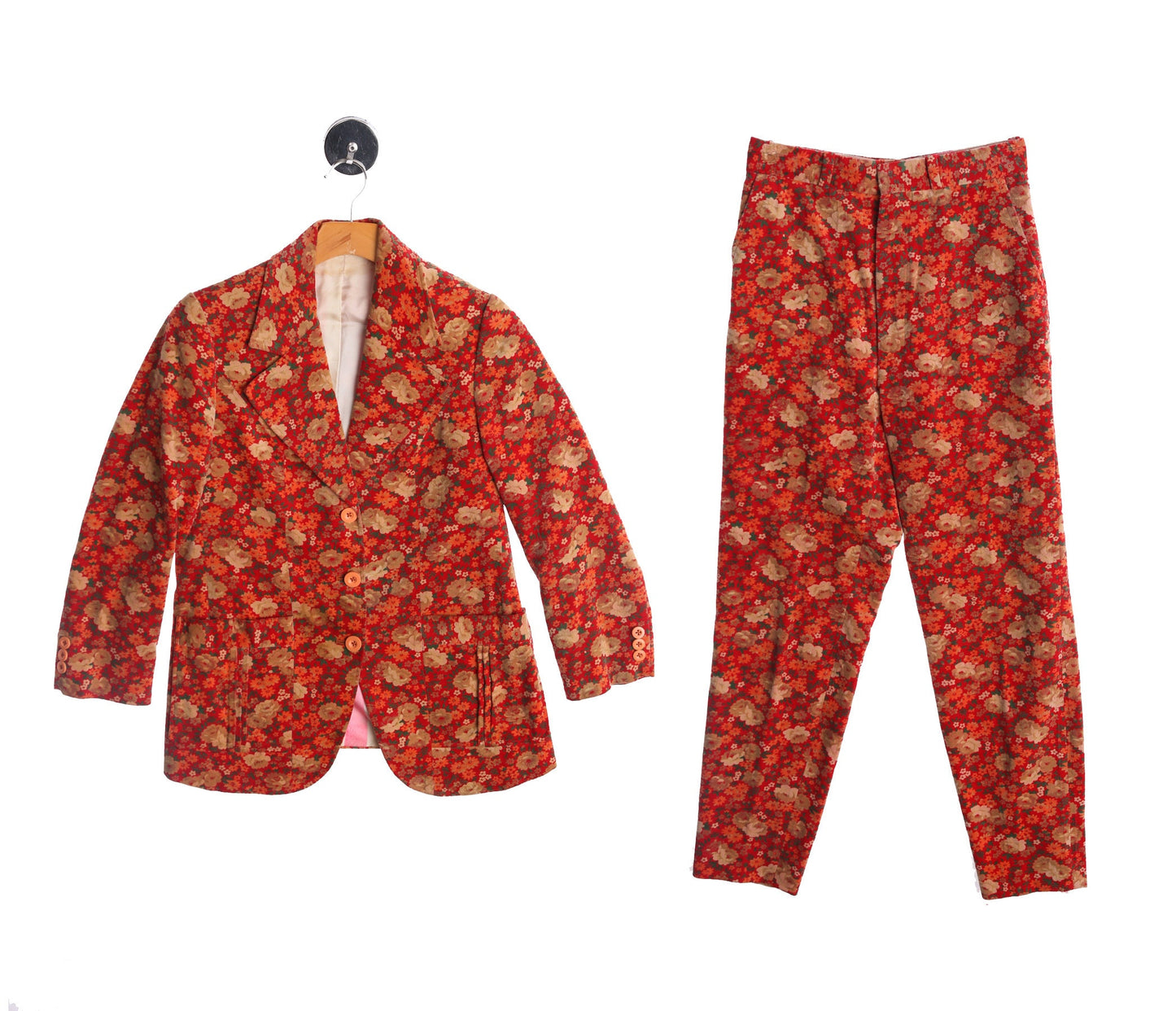 Vintage Women Red Floral Print Velvet Suit - Era 60's - 70's