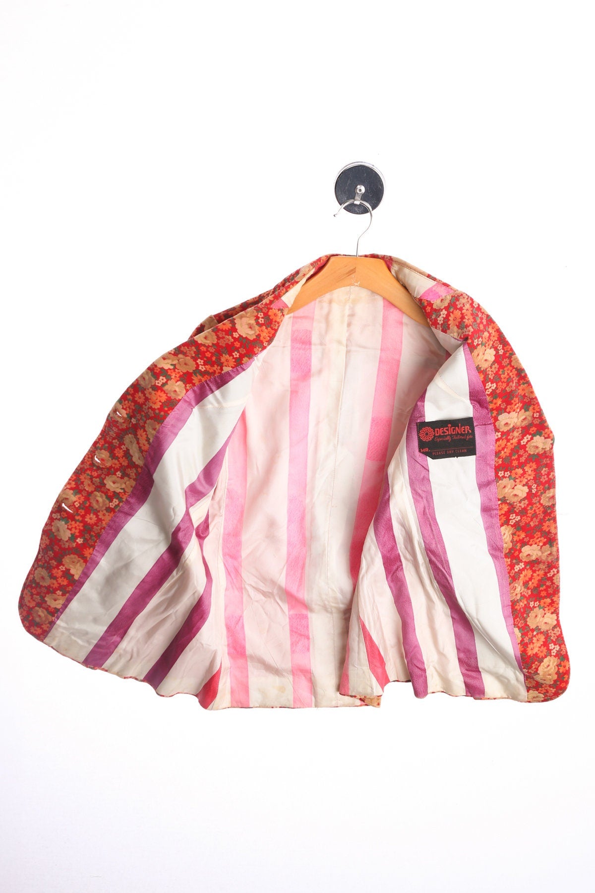 Vintage Women Red Floral Print Velvet Suit - Era 60's - 70's