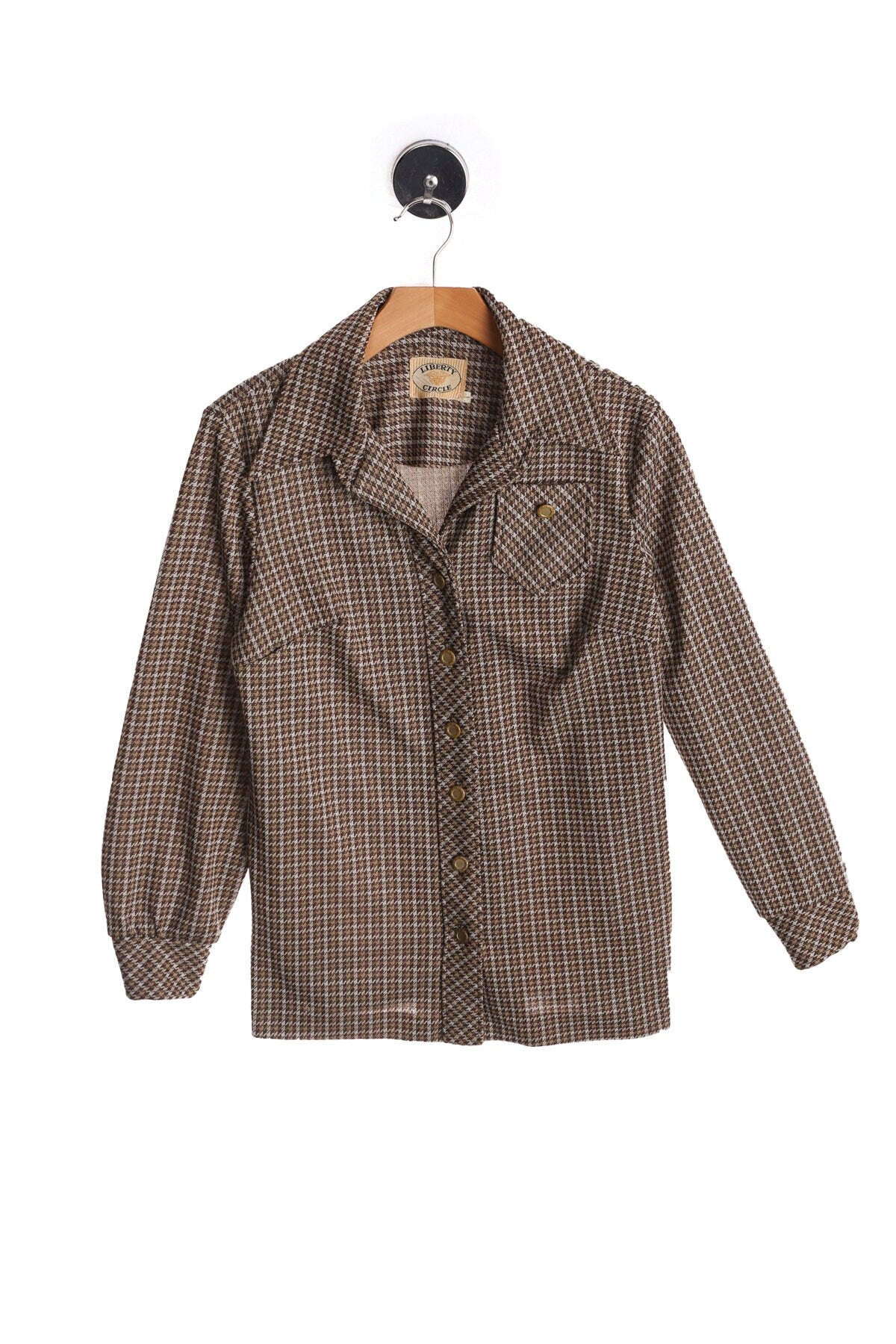 women 70's Browm Plaid Poly Casual Top