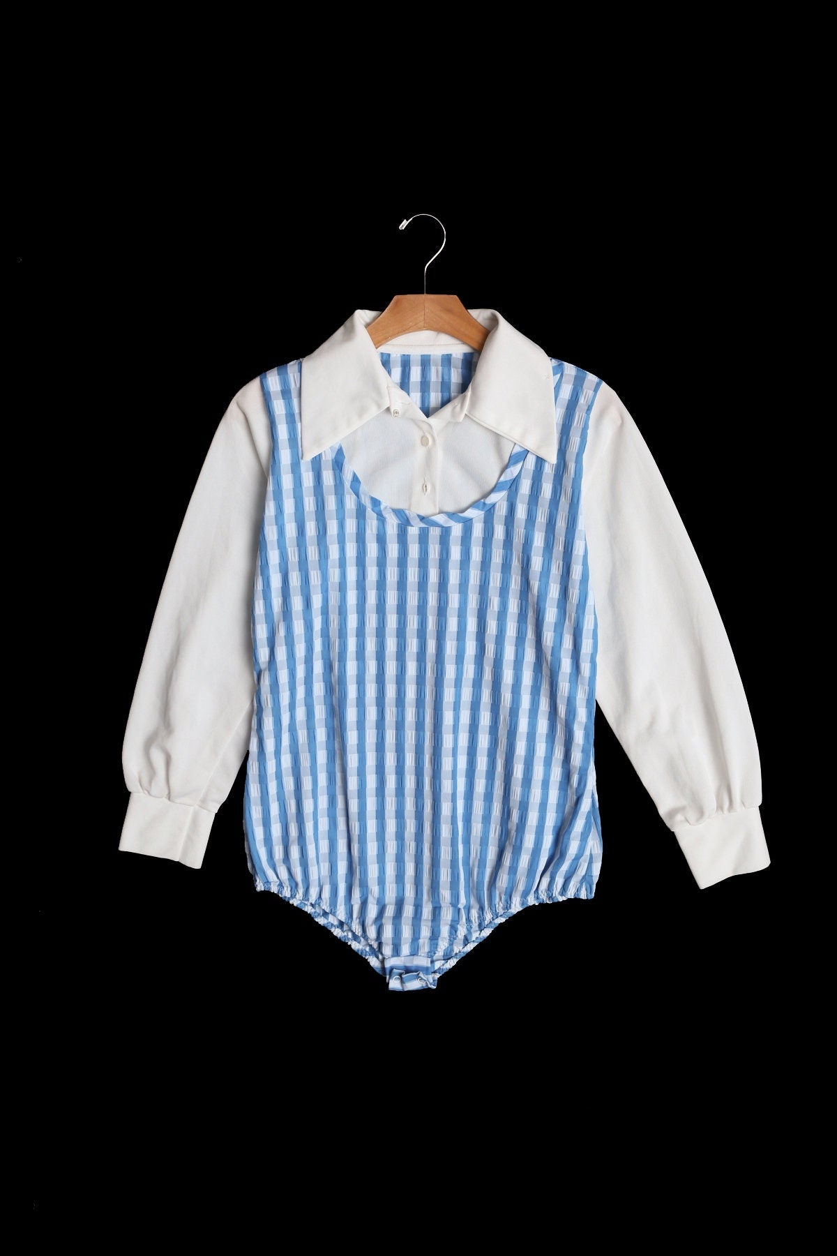 Vintage Women White Leotard Top - Blue Plaid Top