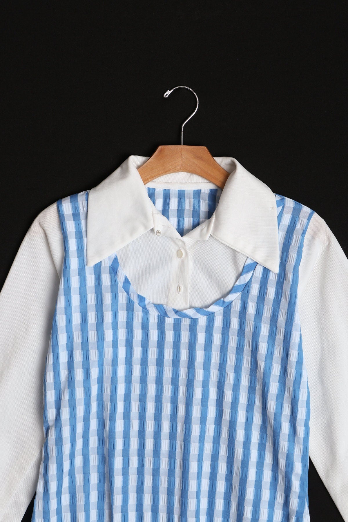 Vintage Women White Leotard Top - Blue Plaid Top