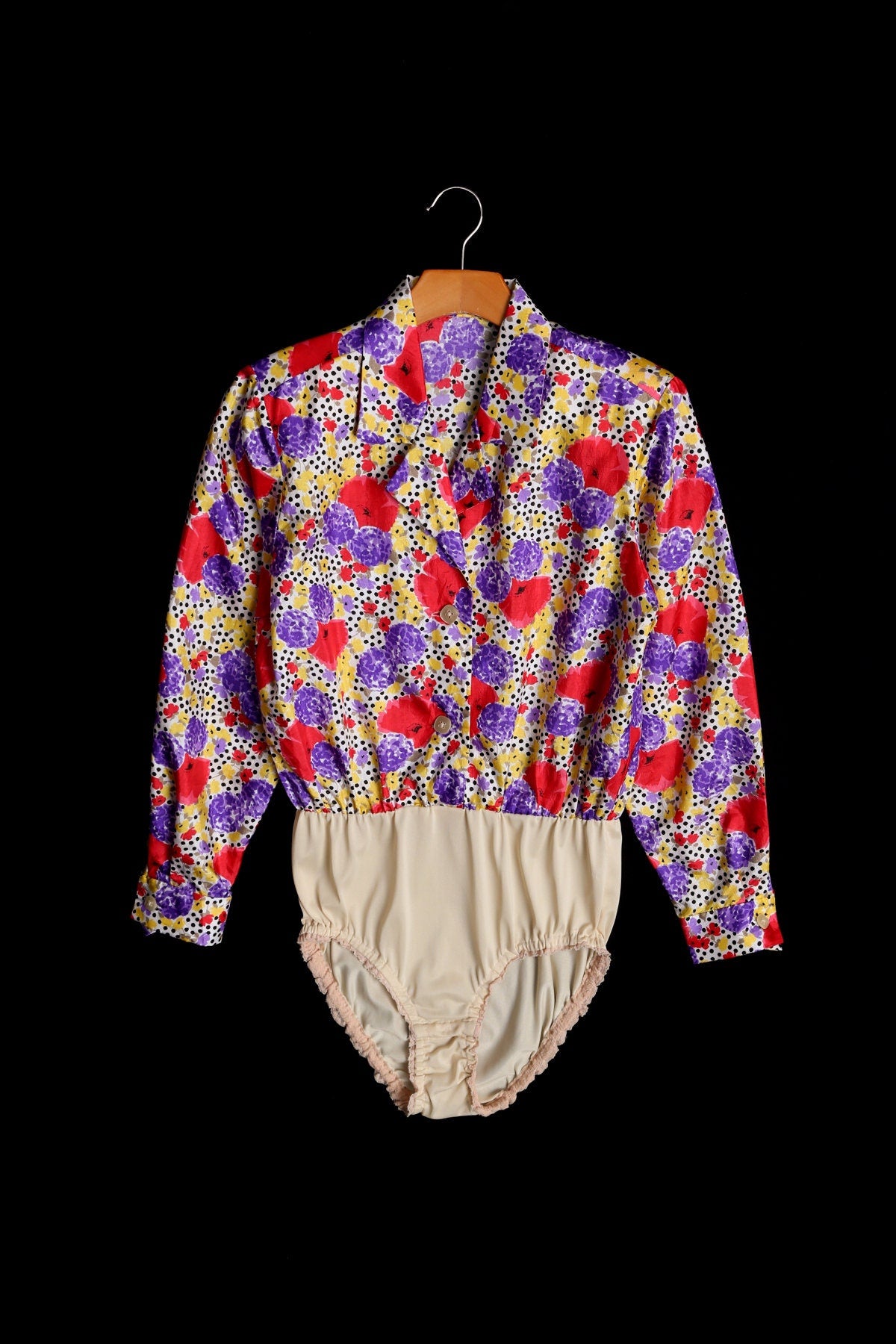 80's Women Floral Print Polyester Leotard Top
