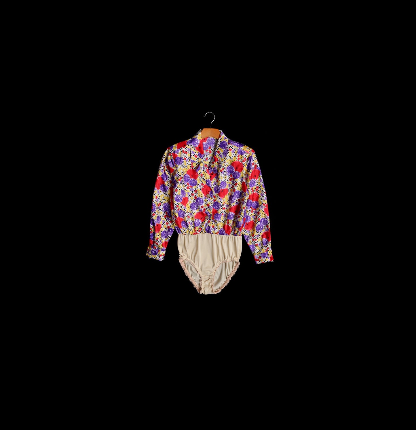 80's Women Floral Print Polyester Leotard Top