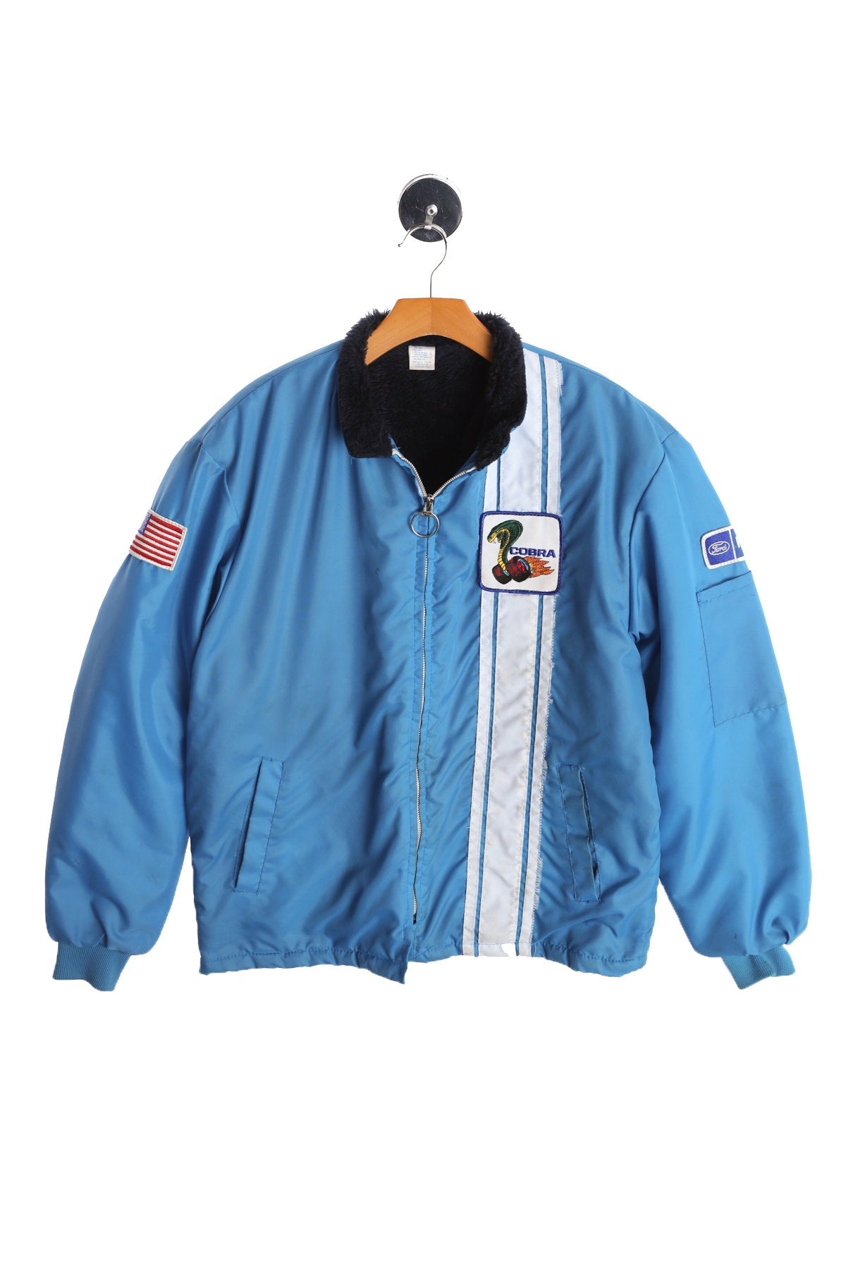 Vintage Blue Nylon Racing Jacket with Cobra Patch - Era 70's - 80's