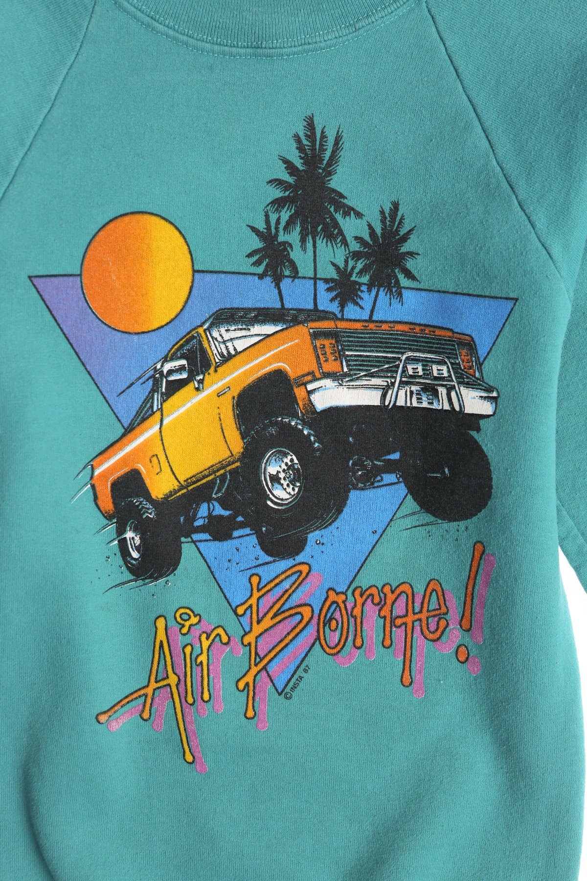 Vintage Green Sweatshirt with Air Borne! Yellow Truck Beach Print
